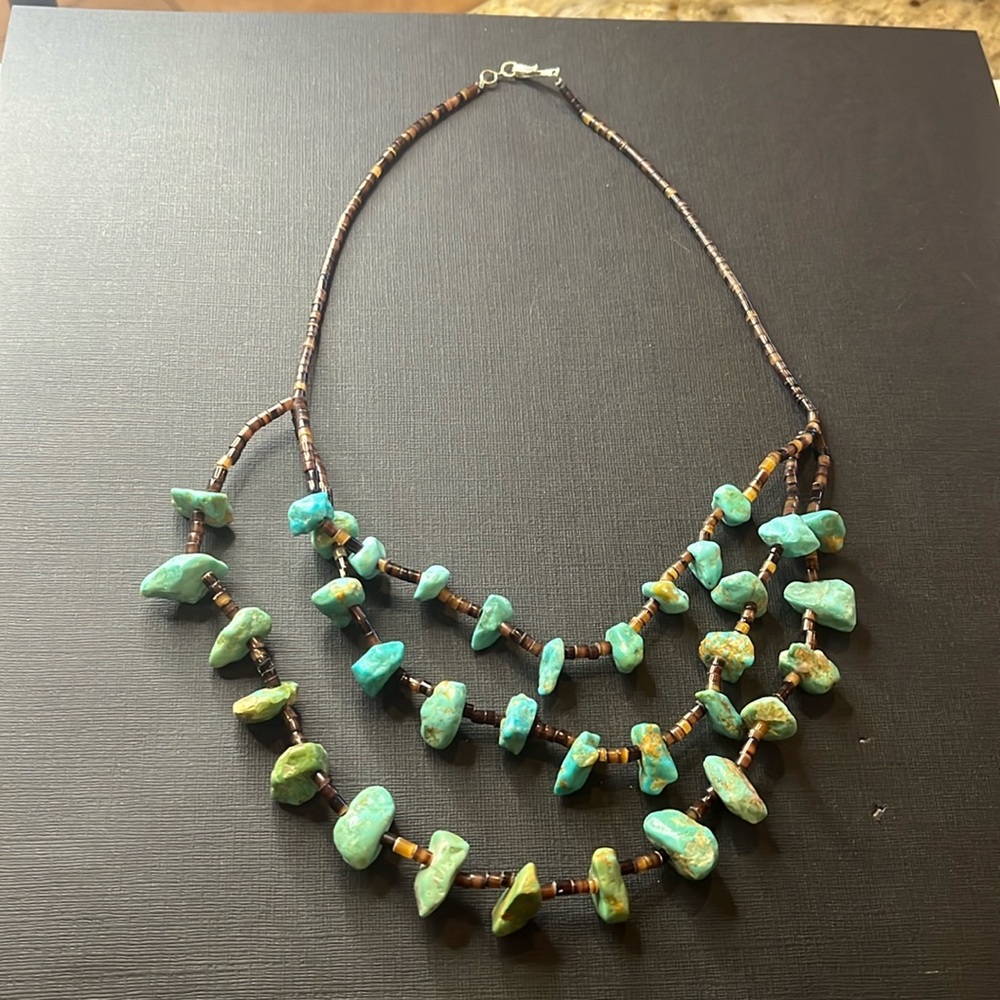 Native American chunky three strand turquoise necklace